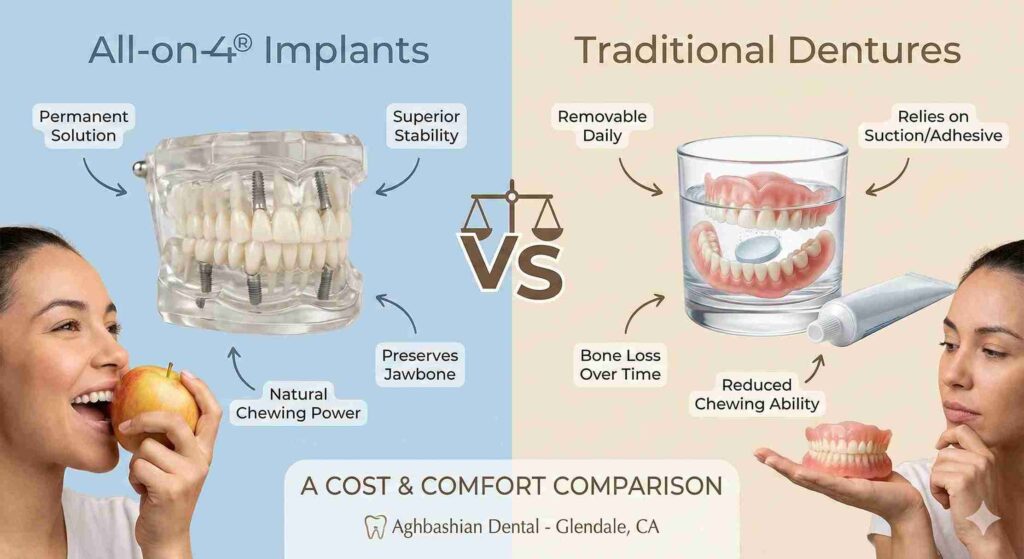 Infographic comparing the cost and comfort of permanent All-on-4 dental implants versus removable traditional dentures by Aghbashian Dental.