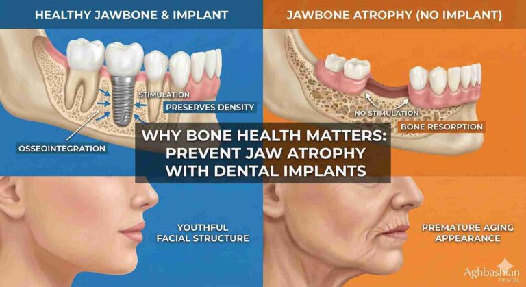 Illustration showing jawbone preservation with a dental implant versus bone loss (atrophy) under a missing tooth, highlighting the biological benefits of implant-supported restorations.
