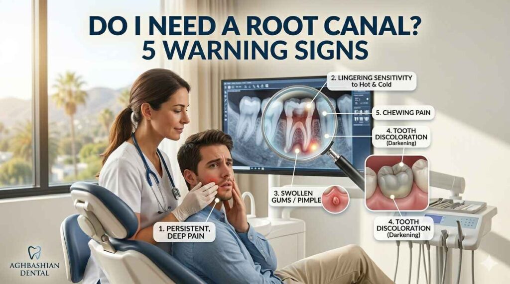 Dentist at Aghbashian Dental examining a patient in pain, with an infographic overlay showing the 5 warning signs you need a root canal.